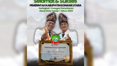 Pemkab Konawe Utara Raih Juara 1 Penyaluran DD Tahap 1 Tahun 2024